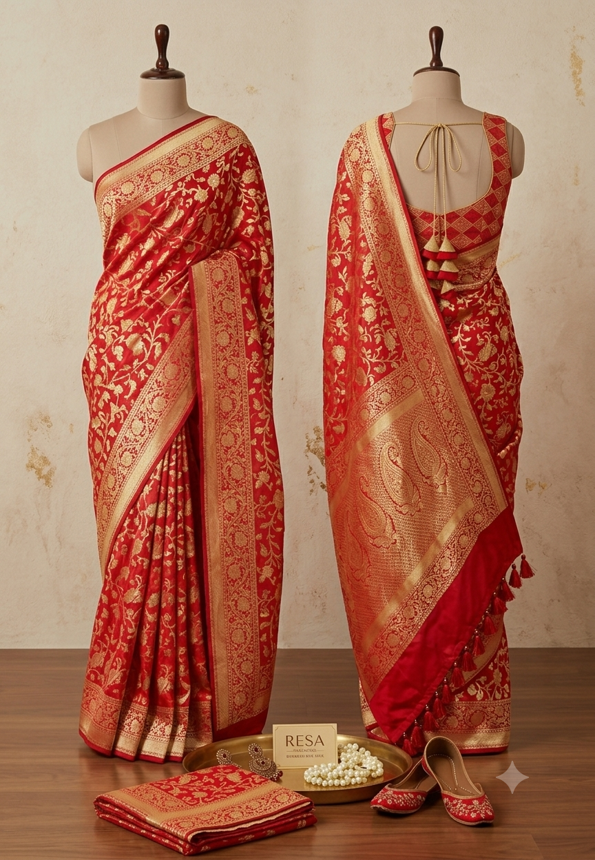 Rich Red Banarasi Silk Saree with Heavy Zari Work & Stitched Designer Blouse Rich Red Banarasi Silk Saree with Heavy Zari Work & Stitched Designer Blouse