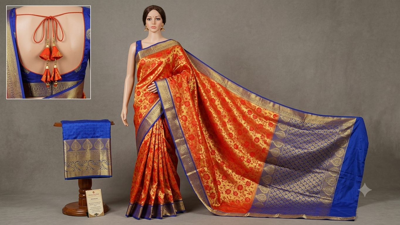 Royal Blue & Orange-Red Contrast Banarasi Silk Saree with Rich Zari Pallu