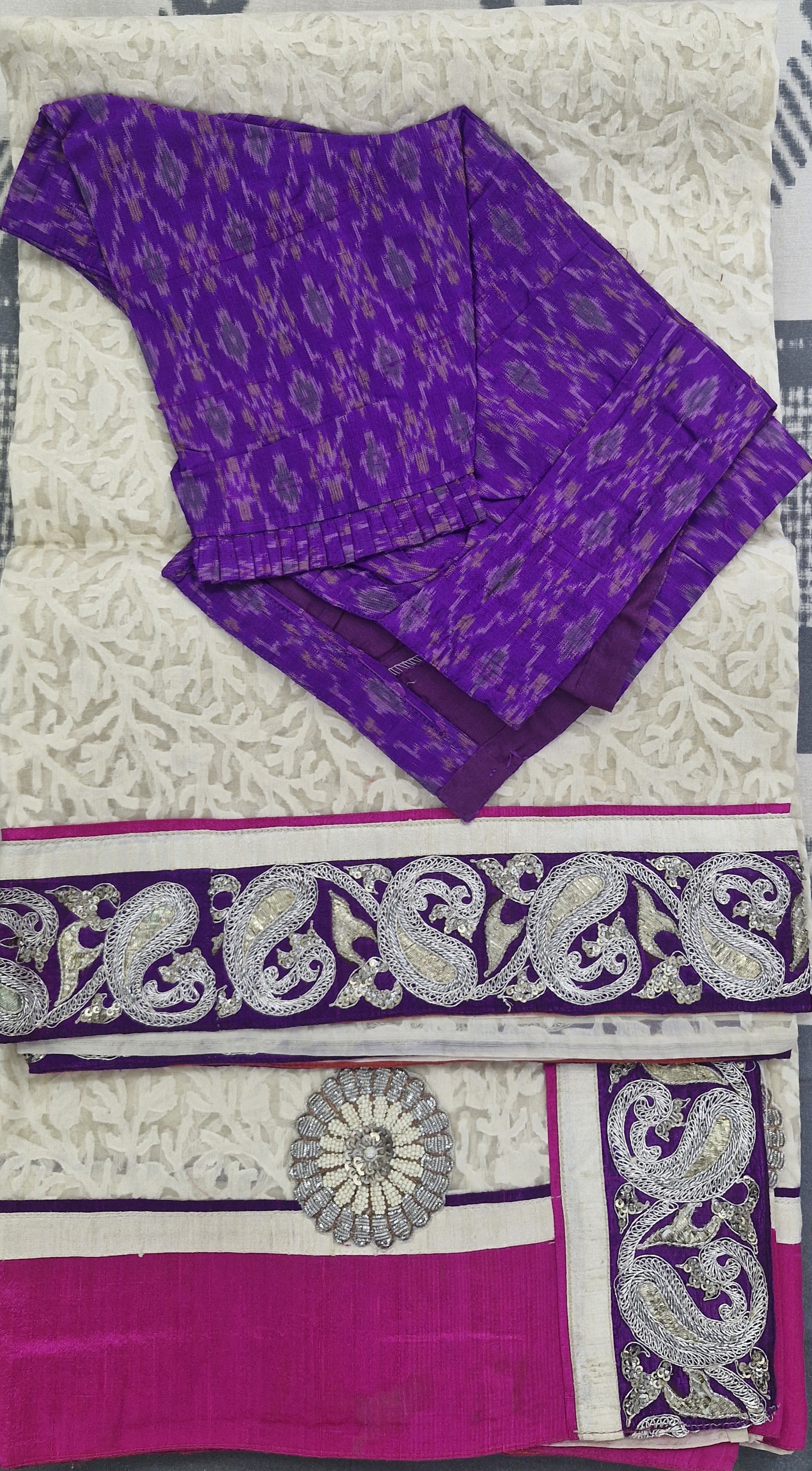 Off White Saree with Purple Border