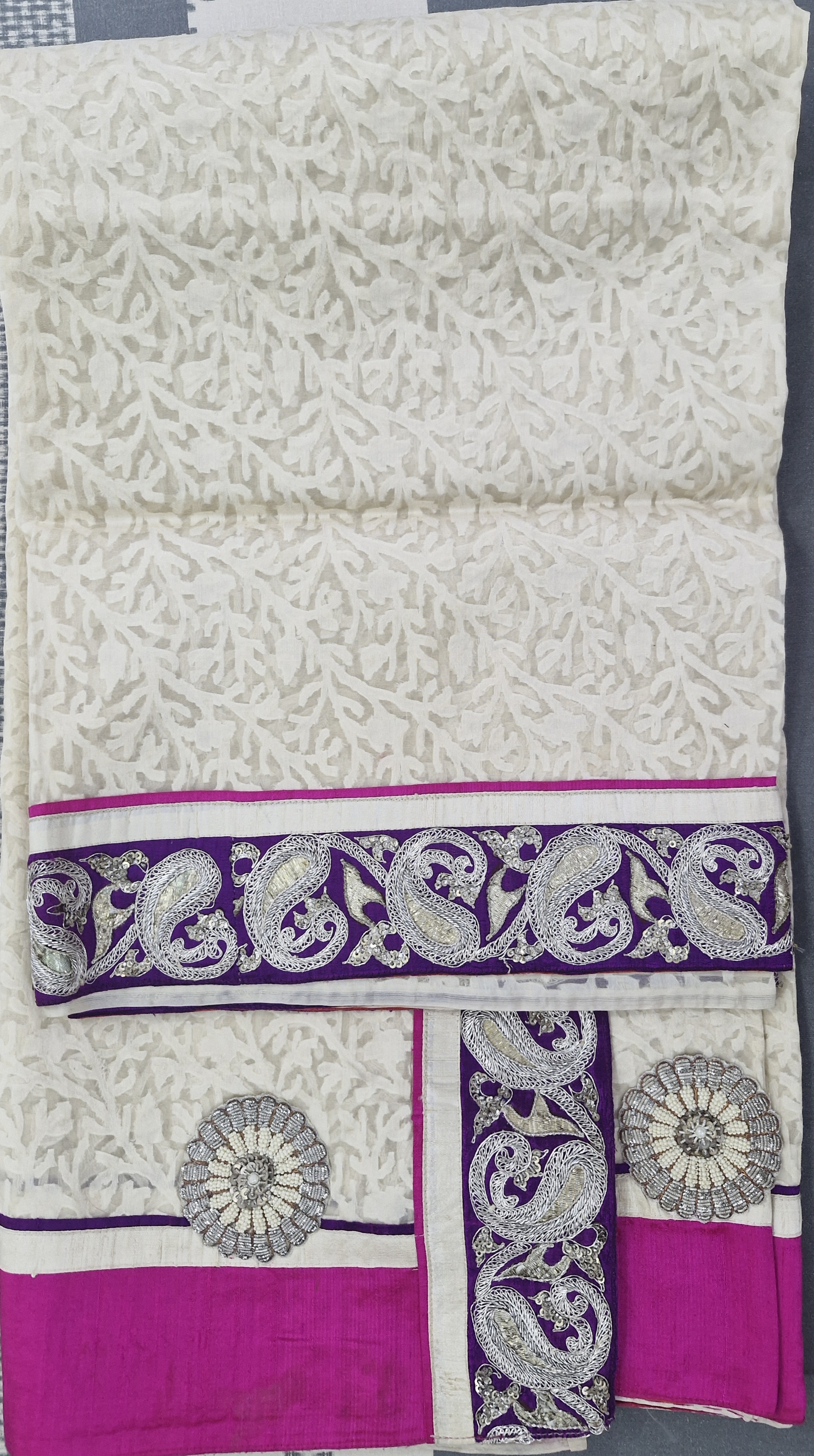 Off White Saree with Purple Border