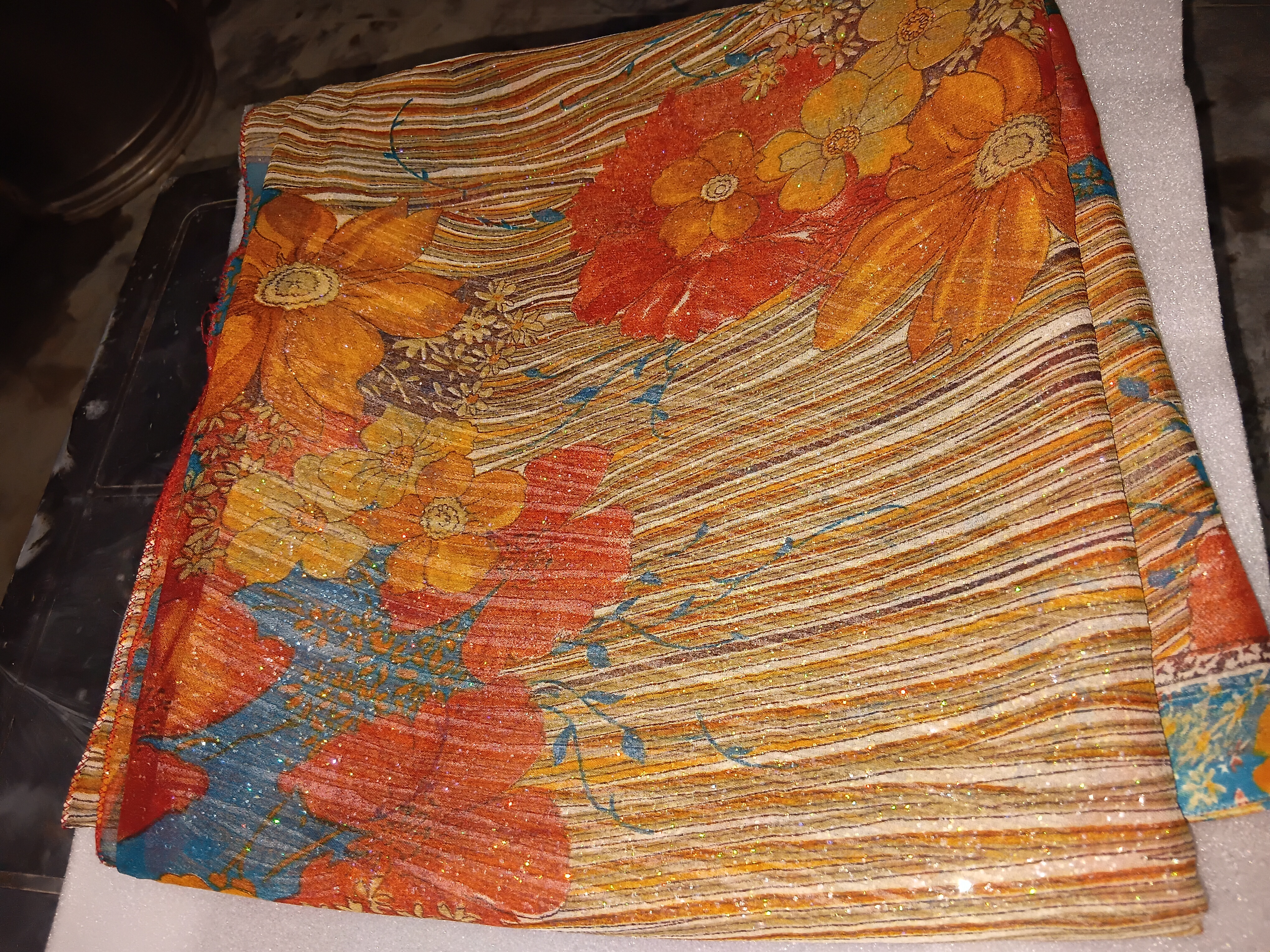 Multicolour Floral Printed Saree with Glitter Detailing Multicolour Floral Printed Saree with Glitter Detailing