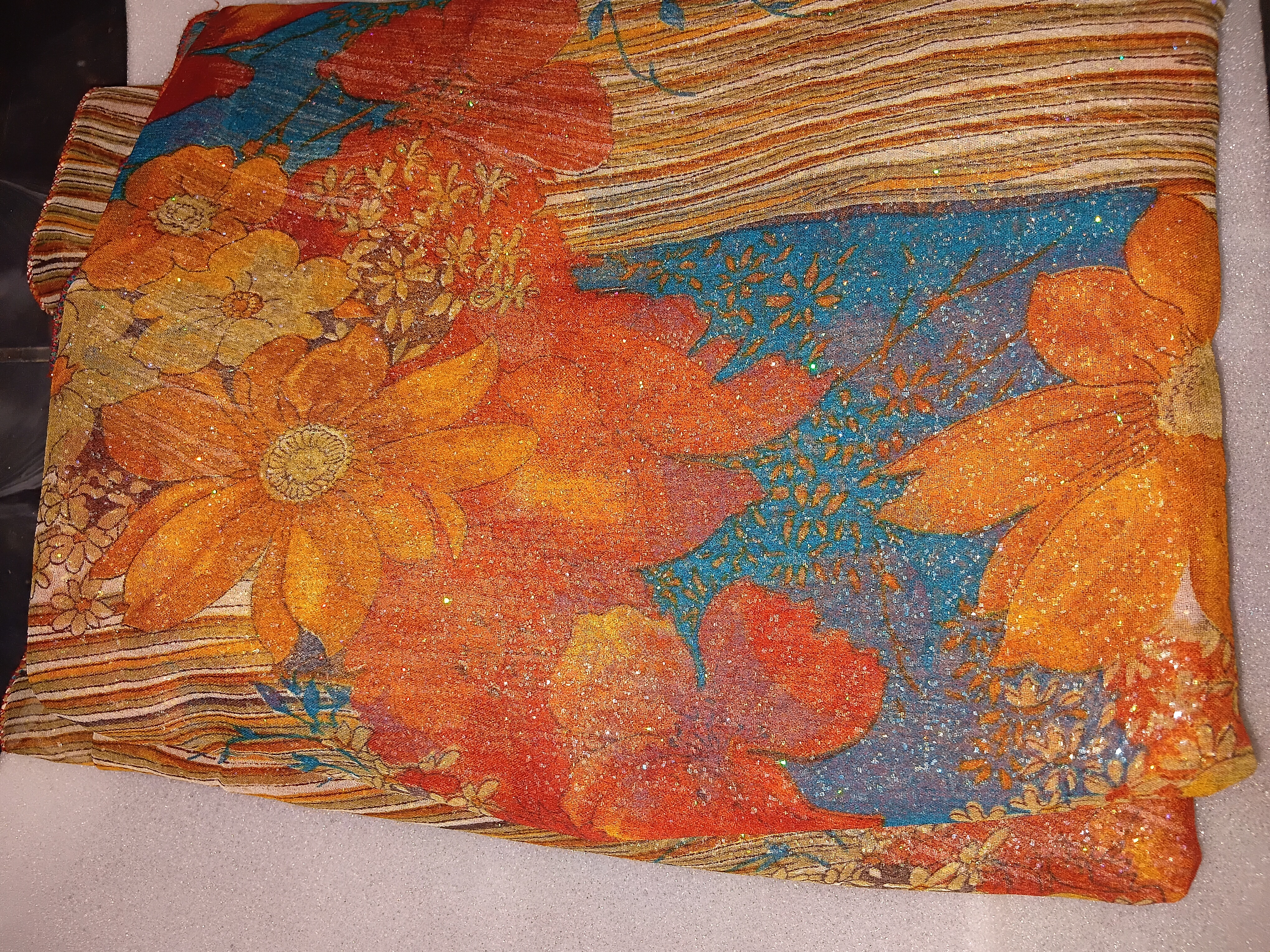 Multicolour Floral Printed Saree with Glitter Detailing Multicolour Floral Printed Saree with Glitter Detailing