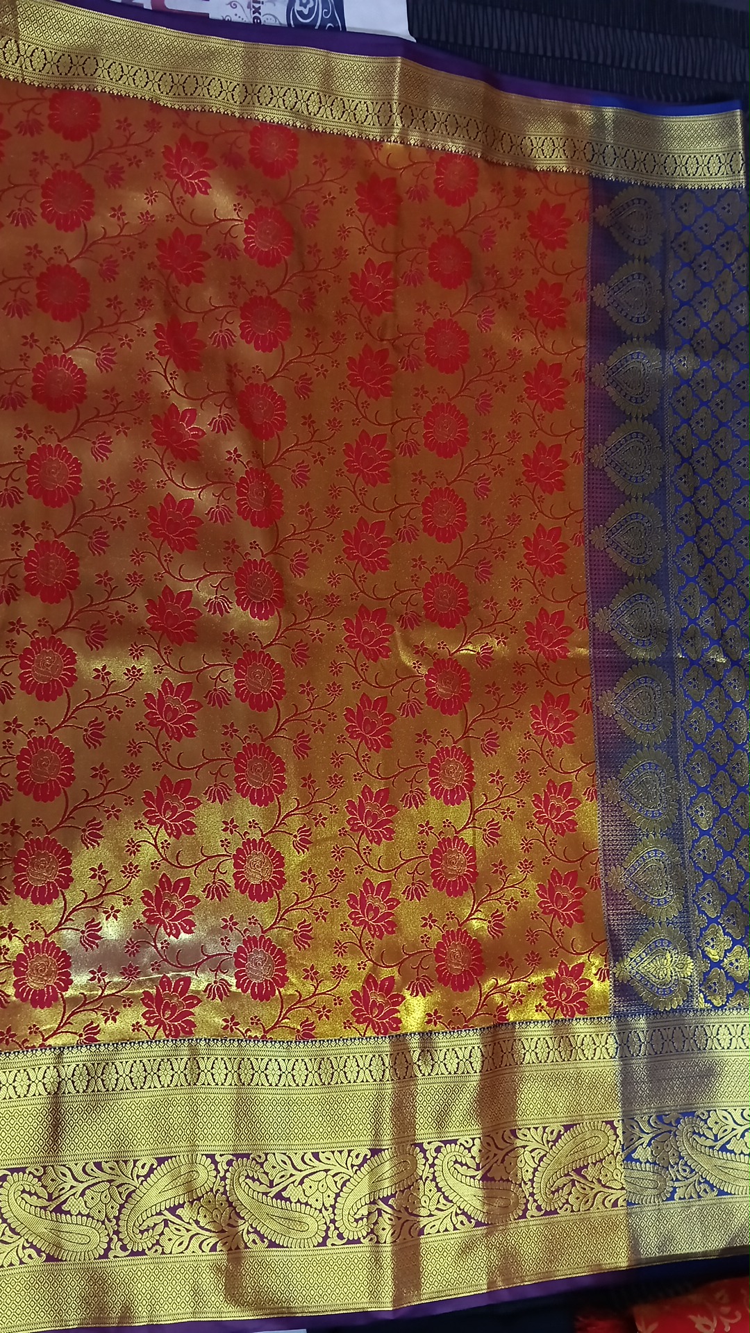 Royal Blue & Orange-Red Contrast Banarasi Silk Saree with Rich Zari Pallu