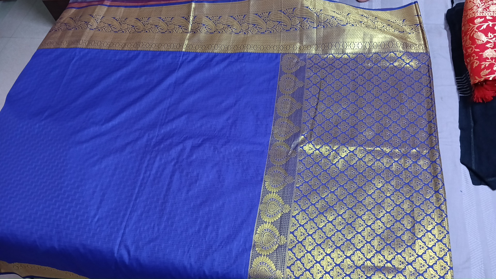 Royal Blue & Orange-Red Contrast Banarasi Silk Saree with Rich Zari Pallu
