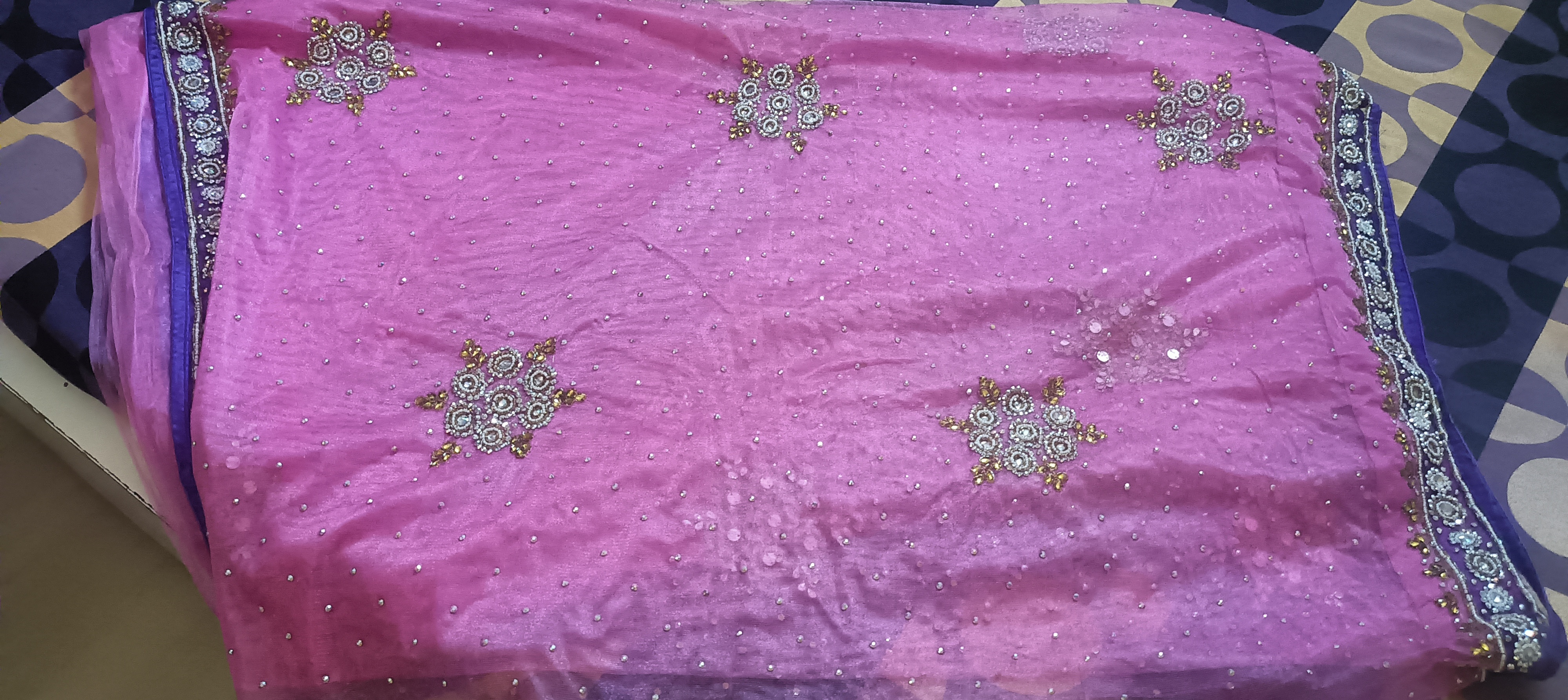 Net kundan work Pink purple saree
