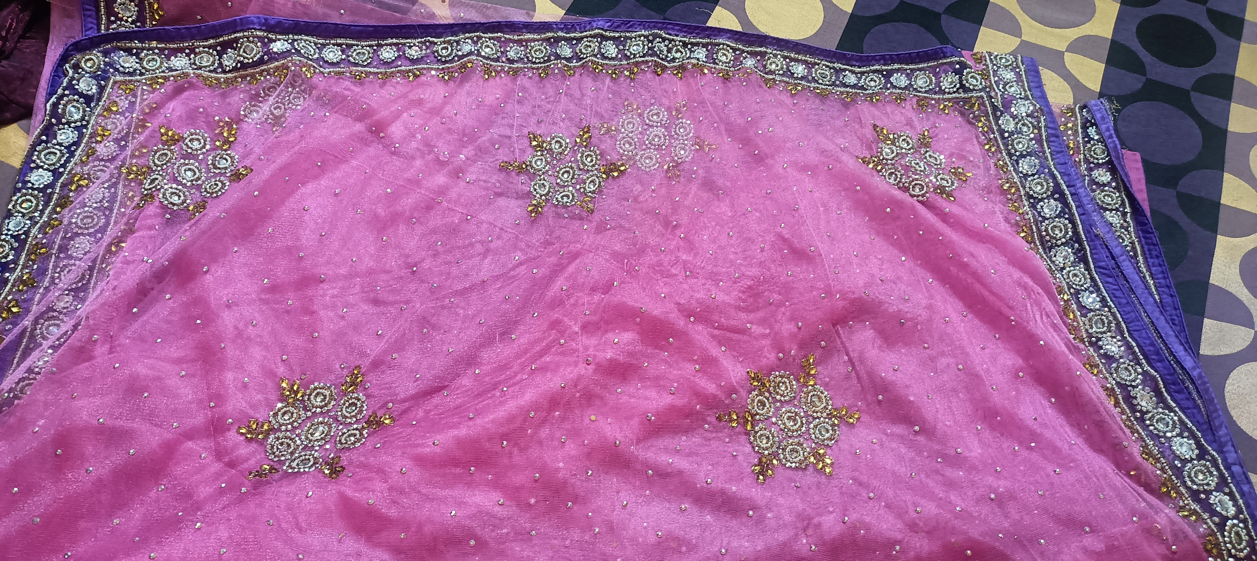 Net kundan work Pink purple saree
