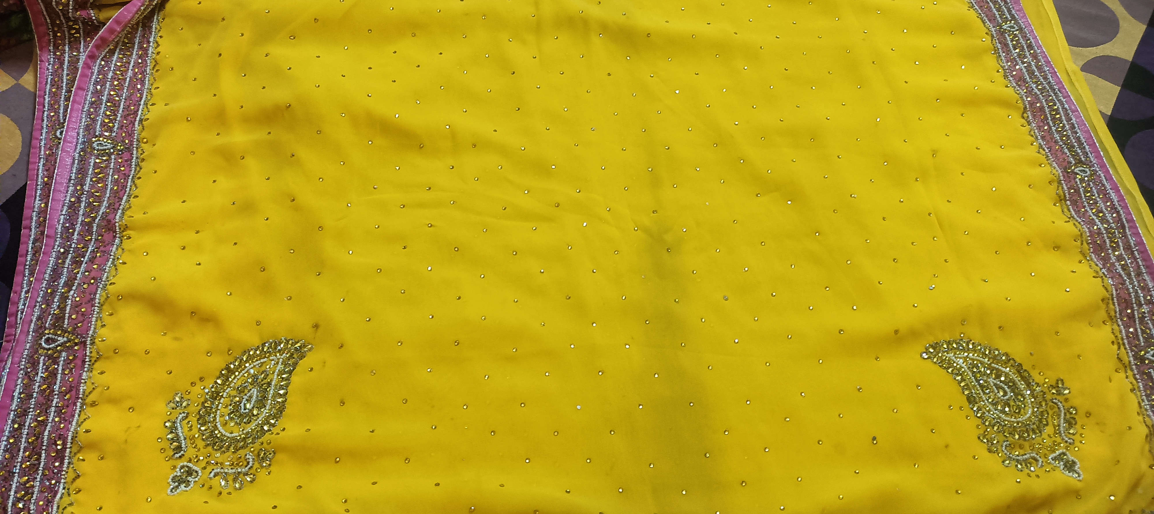 Georgette Nag kundan work Pink yellow saree