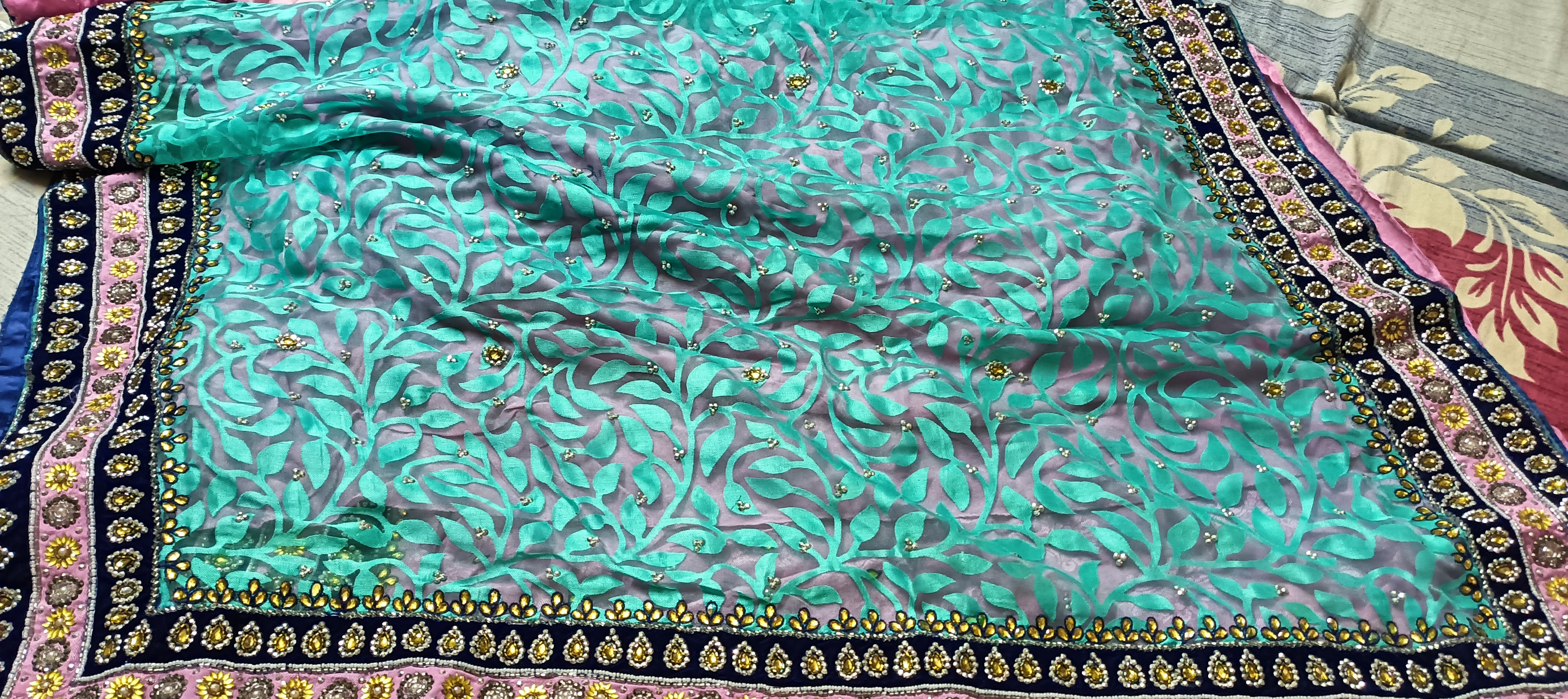 Blue Pink Heavy Embrodiery Saree